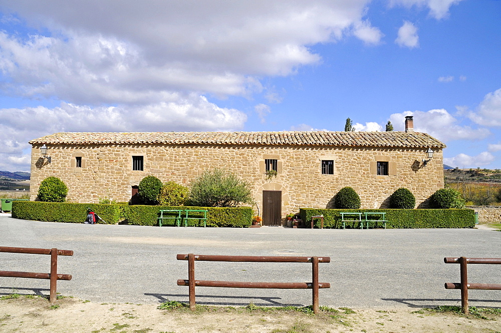 Pilgrim station, hostel, Romanesque church Santa Maria de Eunate, Camino de Santiago or the Way of St James, Muruzabel, Pamplona, Navarra, Spain, Europe