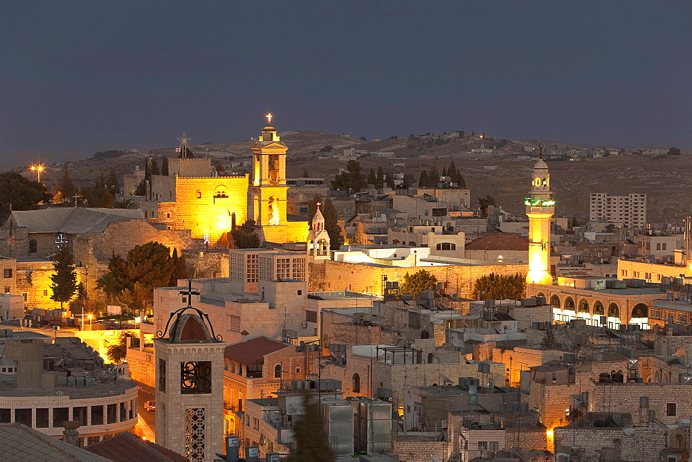 Panoramic view of Bethlehem at night, Palestine, Middle East