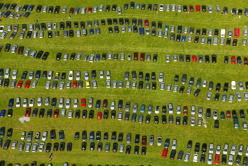 Aerial view, car park, State Garden Show Hemer, on a former military barracks, Maerkischer Kreis district, Sauerland, North Rhine-Westphalia, Germany, Europe