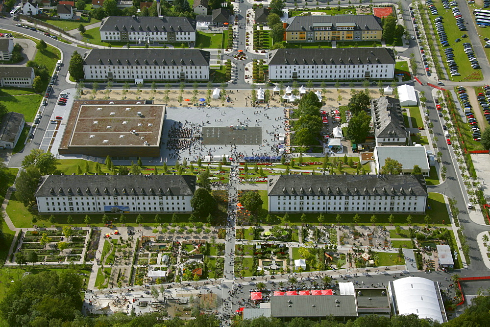 Aerial view, State Garden Show Hemer, on a former military barracks, Maerkischer Kreis district, Sauerland, North Rhine-Westphalia, Germany, Europe