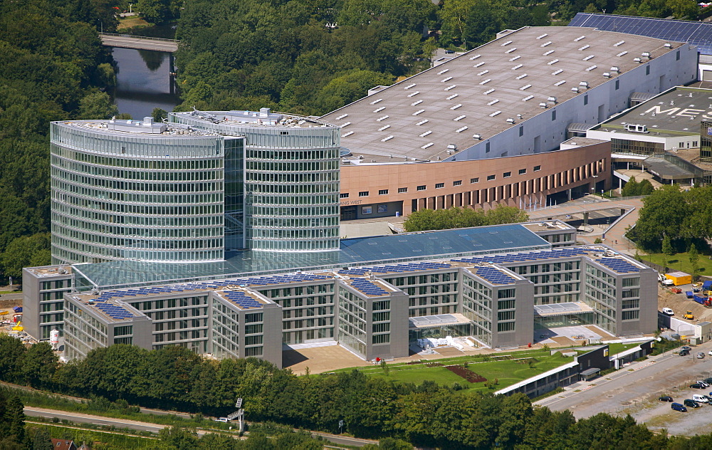 Aerial view, new corporate headquarters of EON Ruhrgas, a German energy corporation, Essen, Ruhr area, North Rhine-Westphalia, Germany, Europe