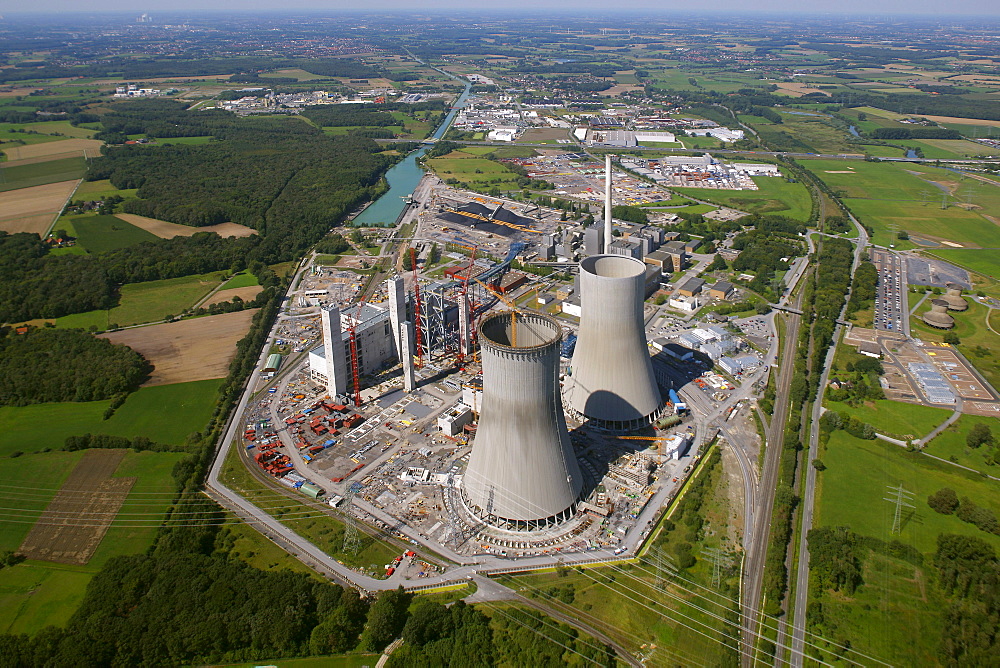 Aerial view, Kraftwerk Westfalen power plant, owned by RWE Power, an electric power company, construction site of the coal power station, Uentrop district, Hamm, Ruhr area, North Rhine-Westphalia, Germany, Europe