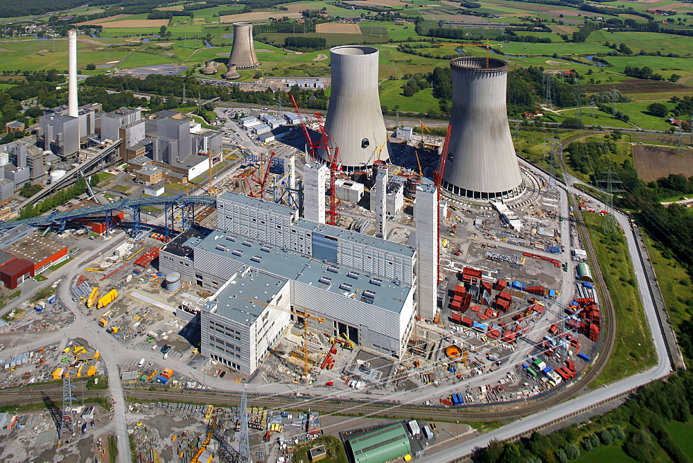 Aerial view, Kraftwerk Westfalen power plant, owned by RWE Power, an electric power company, construction site of the coal power station, Uentrop district, Hamm, Ruhr area, North Rhine-Westphalia, Germany, Europe