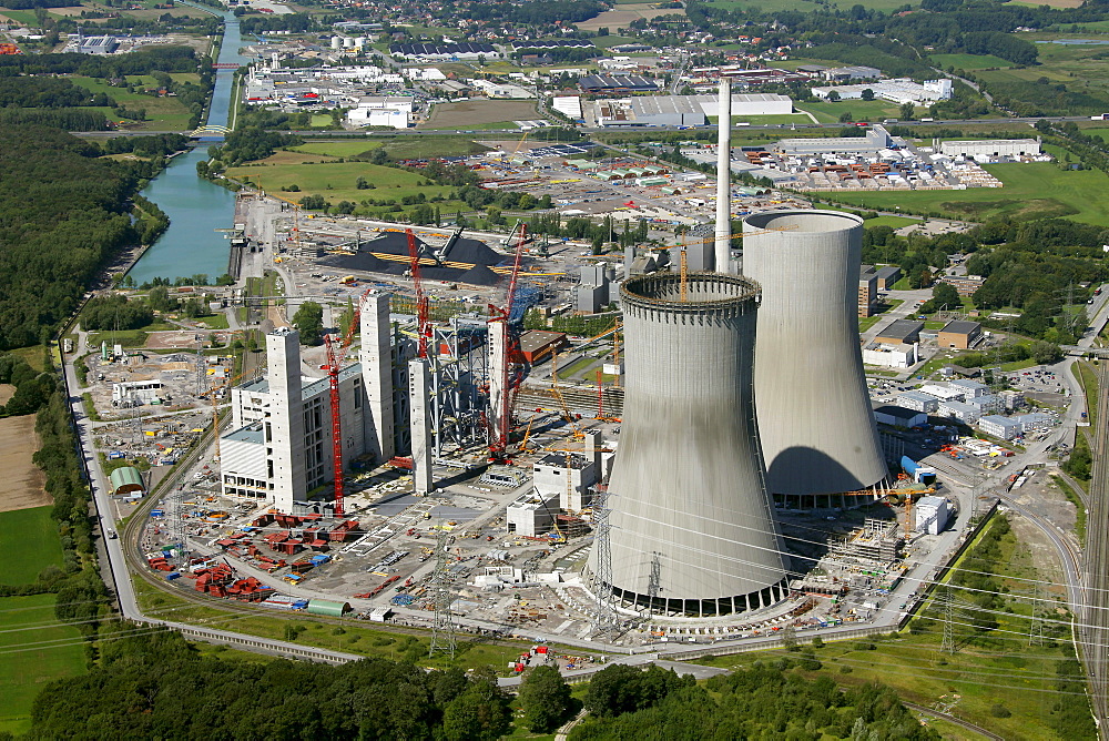 Aerial view, Kraftwerk Westfalen power plant owned by RWE Power, a German electric power company, coal power station, construction site, Uentrop district, Welver, Ruhr area, North Rhine-Westphalia, Germany, Europe