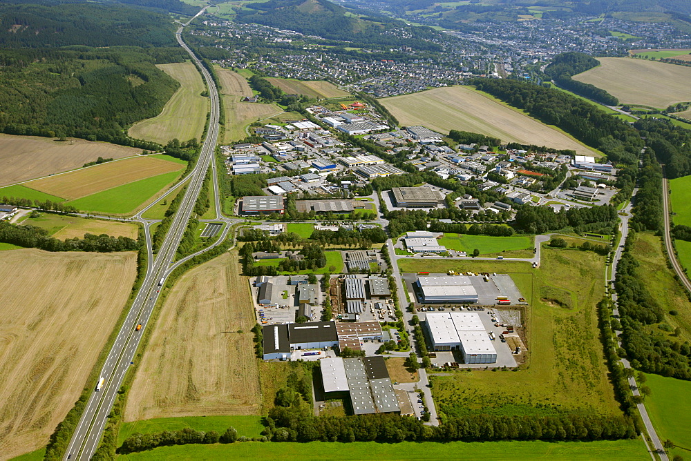 Aerial view, Enste district and the commercial area, Meschede, North Rhine-Westphalia, Germany, Europe