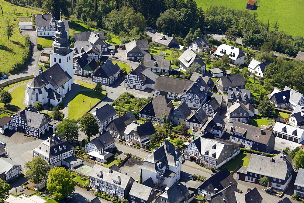 Aerial view, the oldest village of half-timbered houses in Germany, Eversberg village near Meschede, half-timbered houses, Hochsauerlandkreis district, North Rhine-Westphalia, Germany, Europe