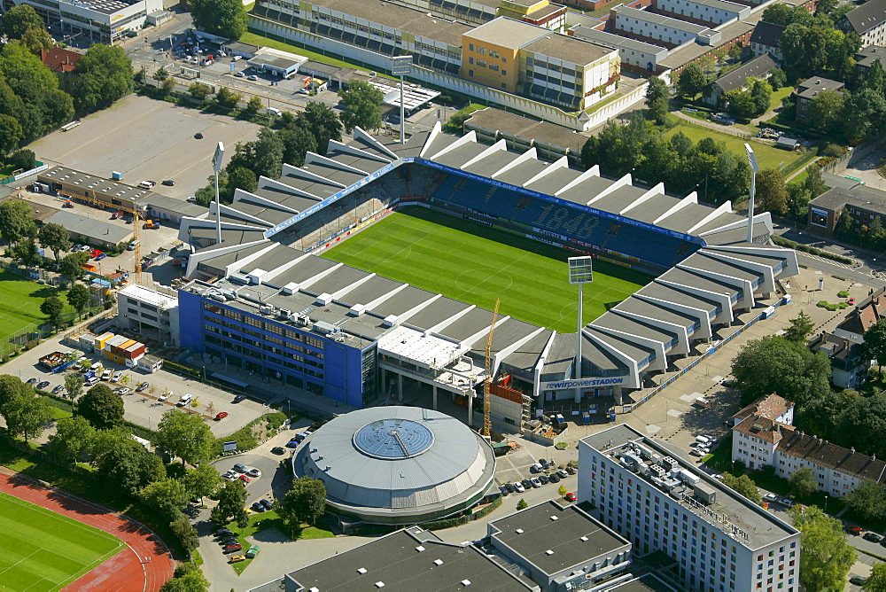 Aerial view, renovation, Rewir Power Stadion stadium, home ground of the VfL Bochum soccer team, Ruhrstadion stadium, Bochum, Ruhr area, North Rhine-Westphalia, Germany, Europe