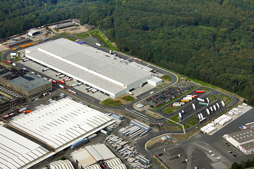 Aerial view, re-opening, Penny discount store, Penny logistics center, Karnap district, Essen, Ruhrgebiet region, North Rhine-Westphalia, Germany, Europe