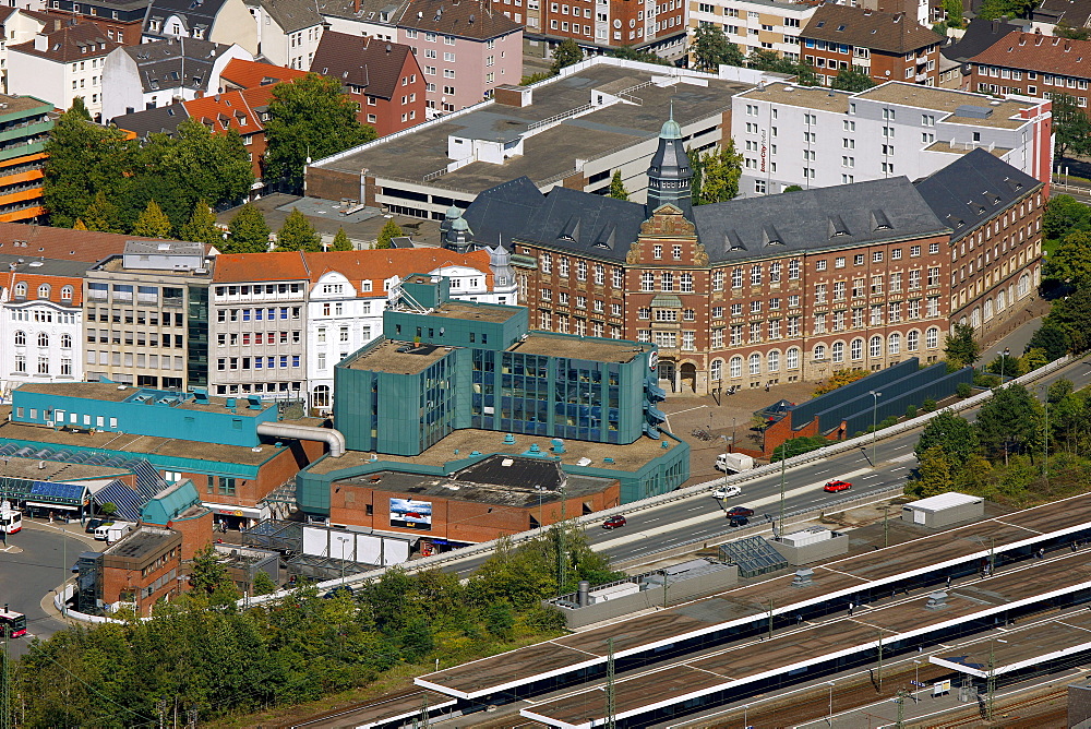 Aerial view, main railway station and post office, Gelsenkirchen, Ruhr area, North Rhine-Westphalia, Germany, Europe