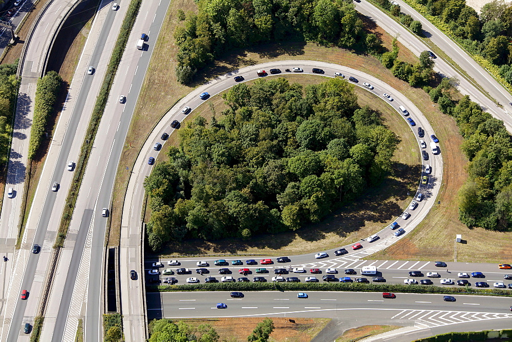 Aerial view, traffic jam on the Herne motorway intersection, A42 motorway and A43 motorway, Herne, Ruhr area, North Rhine-Westphalia, Germany, Europe