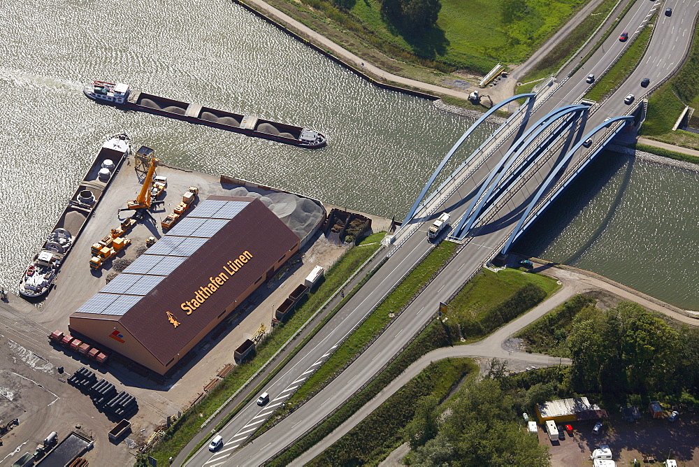 Aerial view, Stadthafen harbour, Luenen, Ruhr area, North Rhine-Westphalia, Germany, Europe