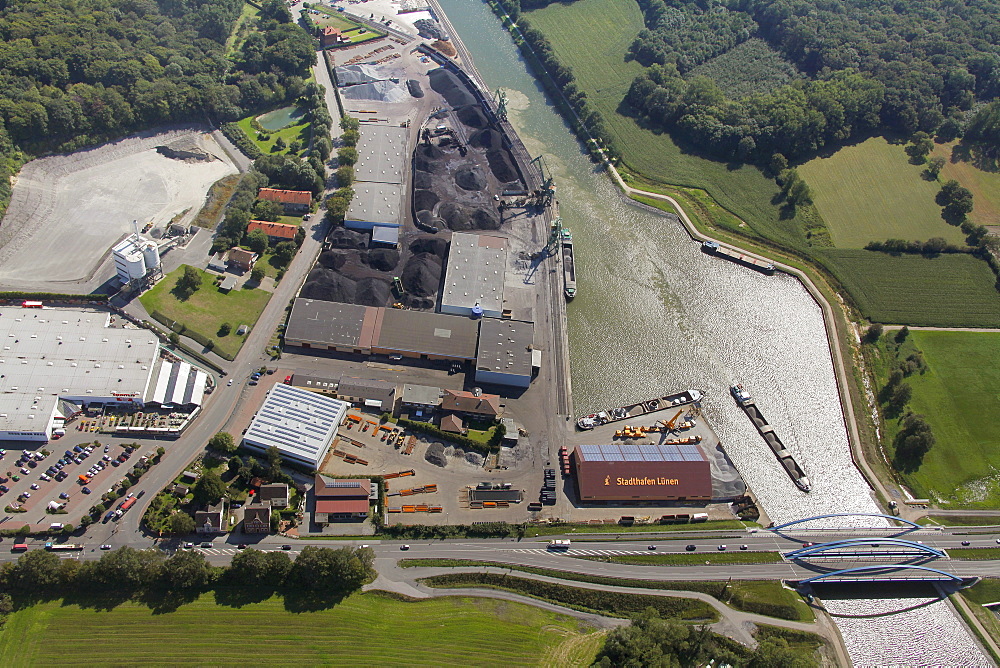 Aerial view, Stadthafen harbour, Luenen, Ruhr area, North Rhine-Westphalia, Germany, Europe