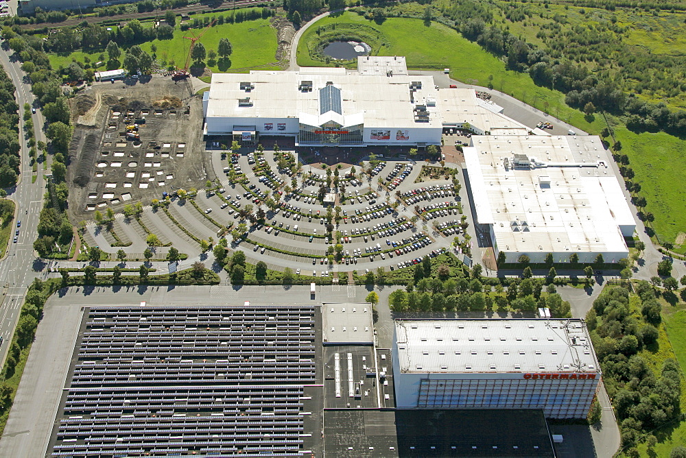 Aerial view, extension of the Ostermann furniture discount store, customer parking, Witten, Ruhr area, North Rhine-Westphalia, Germany, Europe