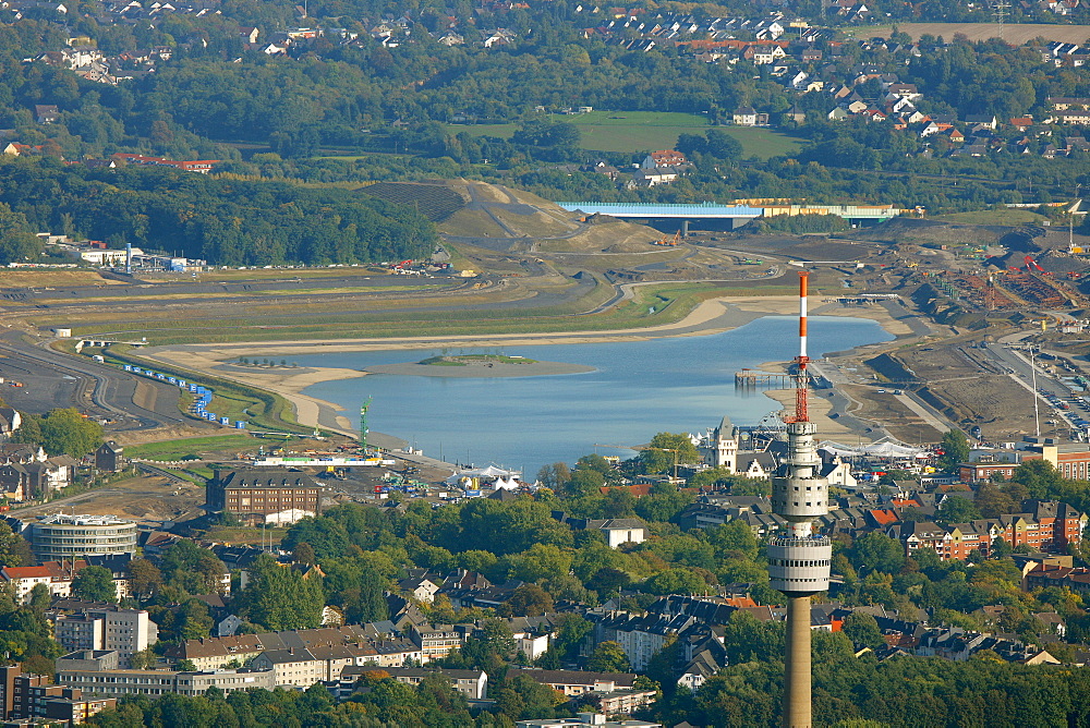 Aerial view, flooding of Phoenix-See Lake, Dortmund TV tower "Florian", Hoerde, Dortmund, Ruhr Area, North Rhine-Westphalia, Germany, Europe