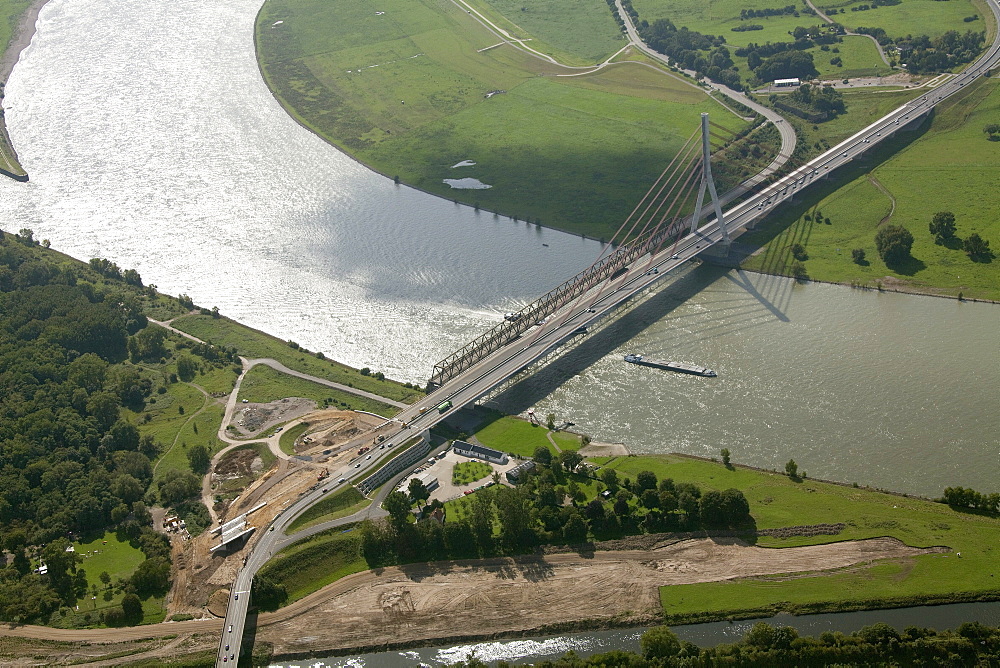 Aerial view, Lippe river, estuary, renovation, river bend, Port Wesel, Rhine river and bridge, Ruhrgebiet region, Niederrhein, North Rhine-Westphalia, Germany, Europe