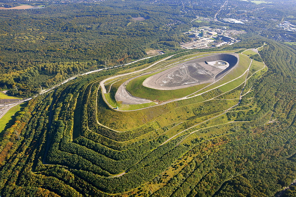 Aerial view, tailings dam, waste dump, landscape construction with an amphitheater, Halde Haniel, Bottrop, Ruhr Area, North Rhine-Westphalia, Germany, Europe