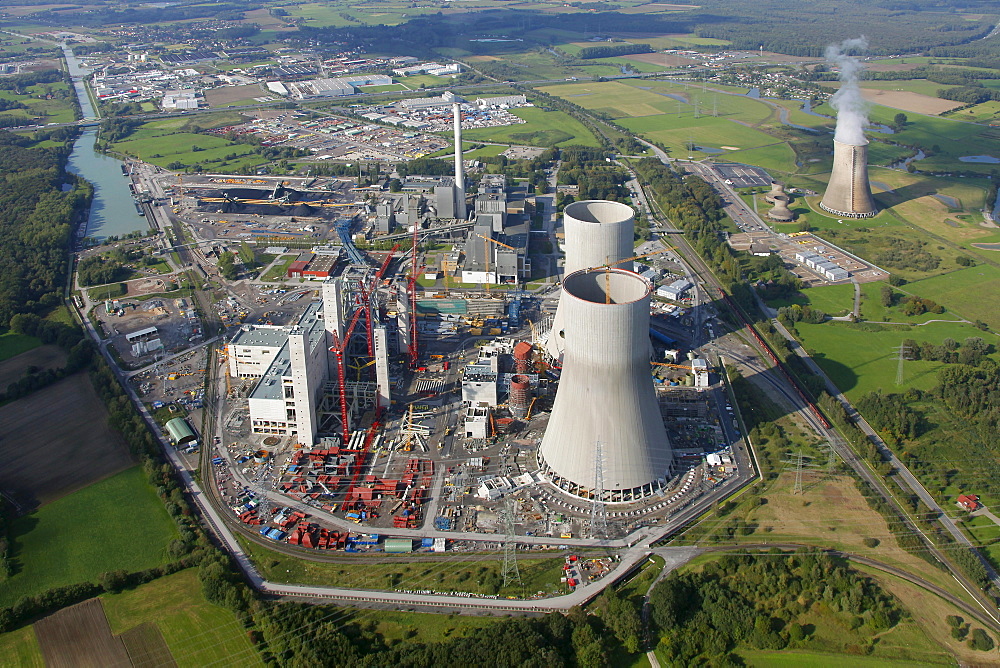 Aerial view, former THTR, thorium high-temperature nuclear reactor, a former nuclear power plant in Hamm-Uentrop, Uentrop, Westfalen power plant, coal power plant, construction and redevelopment, RWE Power, Hamm, Ruhr Area, North Rhine-Westphalia, Germany