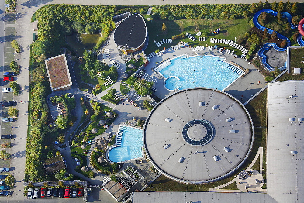 Aerial view, Rietzgartenviertel district, Maximare Spa, Sauna and Wellness Resort, sauna, sunbathing area, outdoor pool, Hamm, Ruhr Area, North Rhine-Westphalia, Germany, Europe