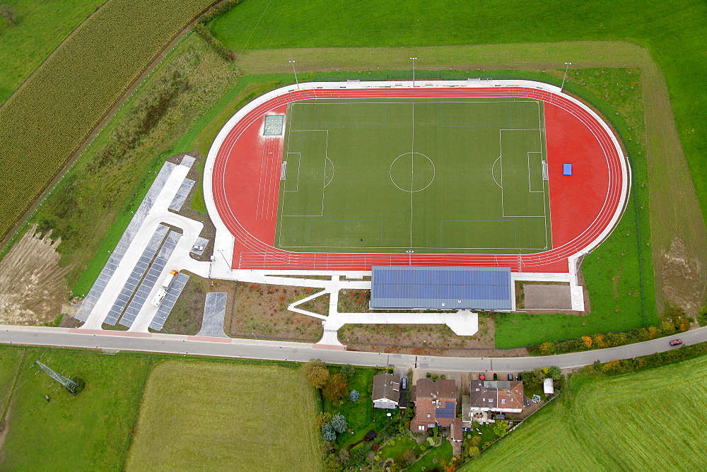 Aerial view, Hasslinghausen, new sports facility, sports field, Sprockhoevel, Ruhrgebiet region, North Rhine-Westphalia, Germany, Europe