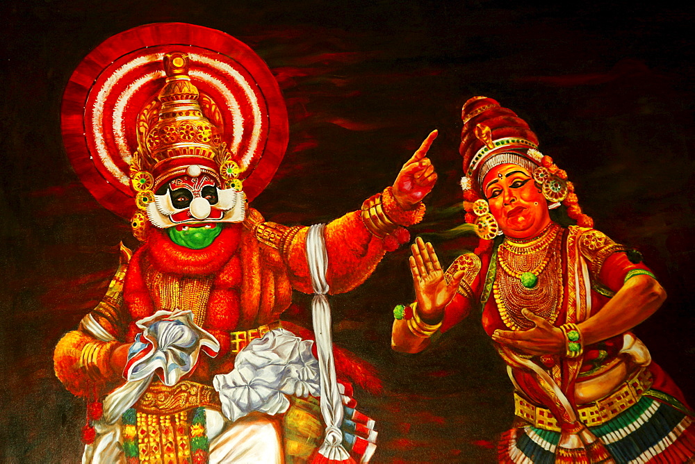 Kathakali, a classical Indian dance-drama, temple dance, Kerala Kathakali Centre, Kochi, Fort Cochin district, Ernakulam region, Ochanthuruth, Vypin island, India, Asia