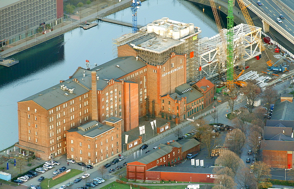 Aerial view, Innenhafen harbor, Museum Kueppersmuehle, controversial remodelling, Duisburg, Ruhrgebiet region, North Rhine-Westphalia, Germany, Europe