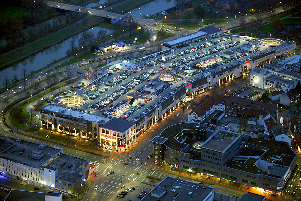 Aerial view, Alleecenter ECE mall at night, Hamm, Ruhrgebiet region, North Rhine-Westphalia, Germany, Europe