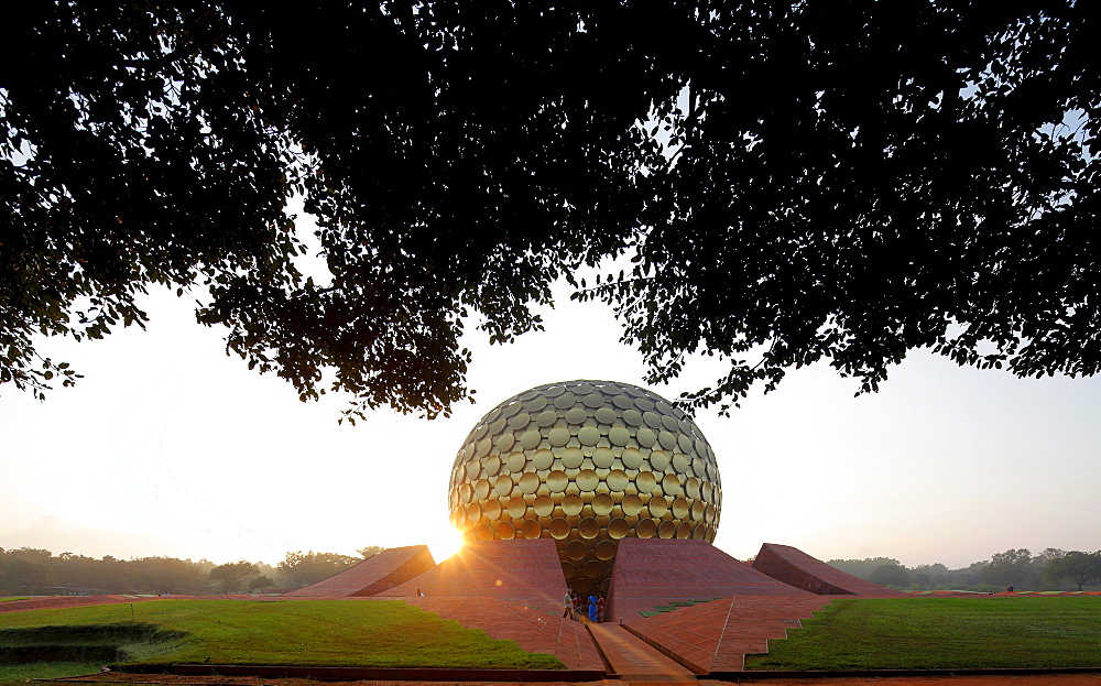 Sunrise at Matrimandir, mystical place, temple and largest sanctuary in Auroville, Sri Aurobindo Ashram, Pachayankuppam, Tamil Nadu, India, Asia