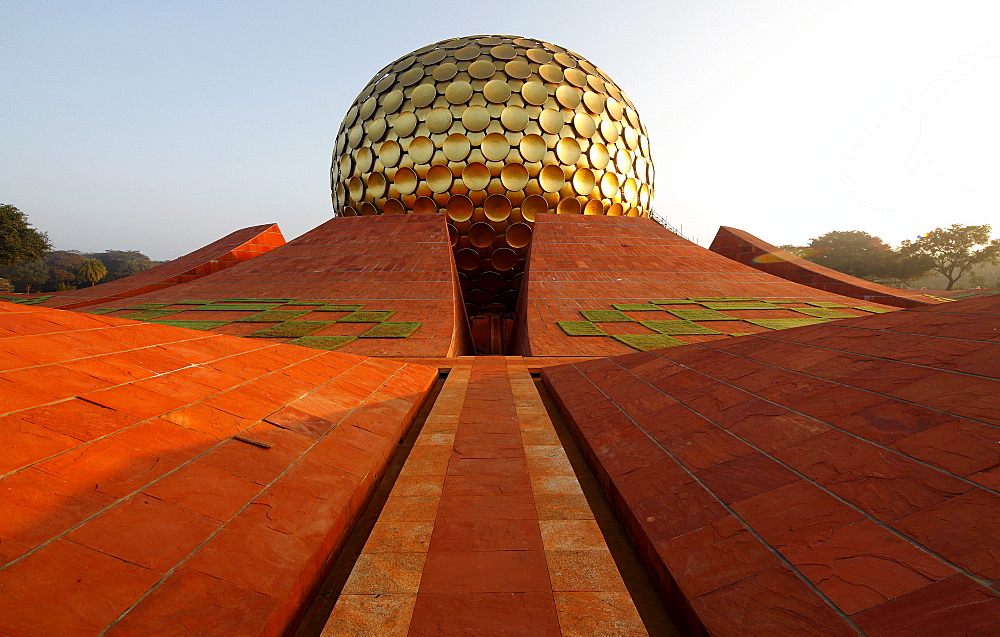 Morning at Matrimandir, mystical place, temple and largest sanctuary in Auroville, Sri Aurobindo Ashram, Pachayankuppam, Tamil Nadu, India, Asia