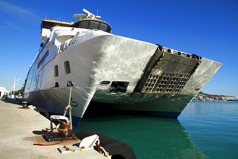 Ferry moored at the Ibiza harbour, Ibiza, Spain, Europe