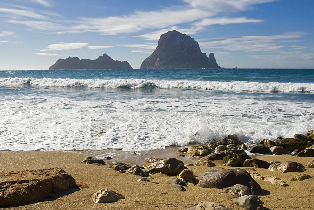 Cliff island of Es Vedra as seen from Cala d'Hort, Ibiza, Spain, Europe