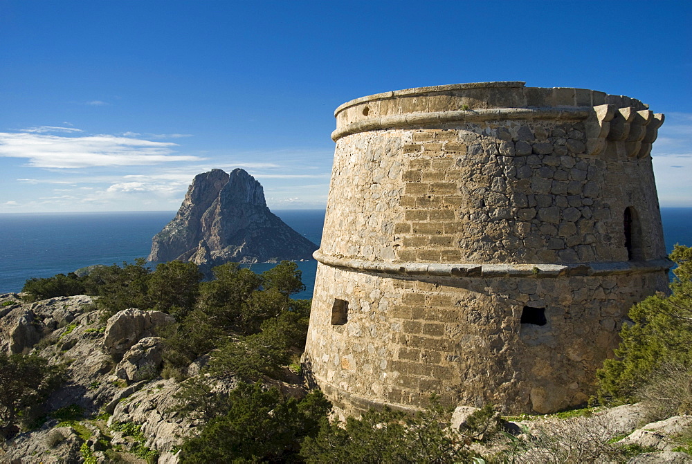 Cliff island of Es Vedra as seen from Torre d'es Savinar, Ibiza, Spain, Europe