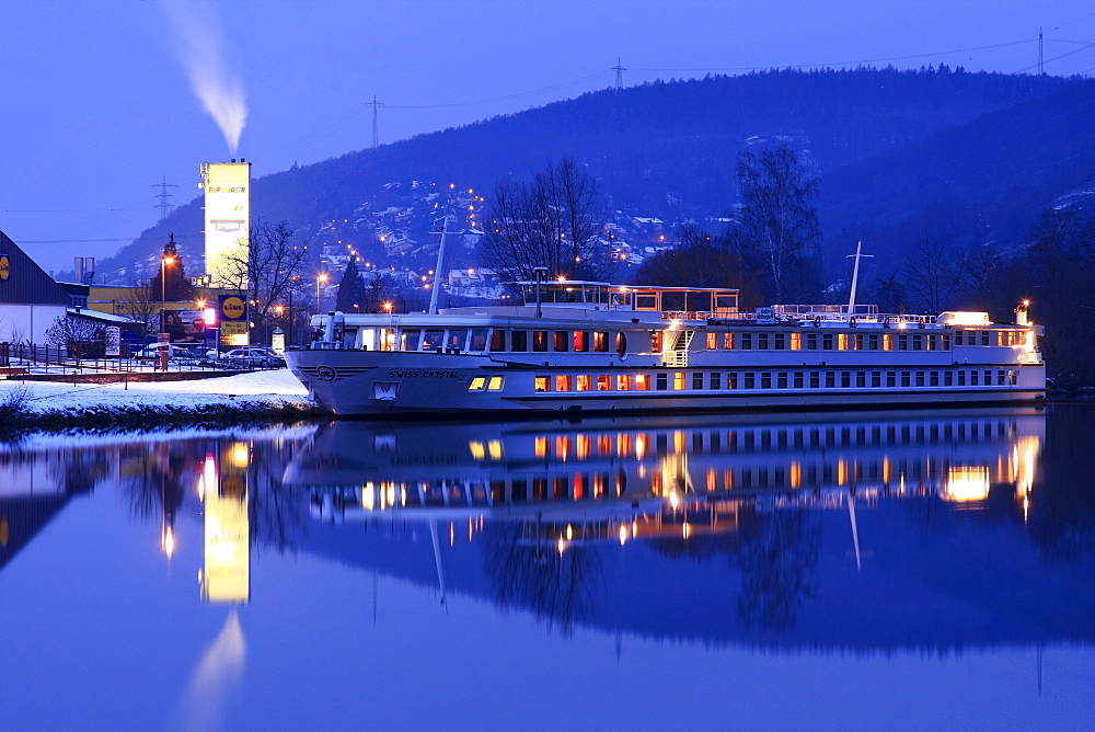 Hassmersheim am Neckar, Neckar river, at night, moored ship Swiss Crystal of Scylla Tours AG shipping company, Baden-Wuerttemberg, Germany, Europe