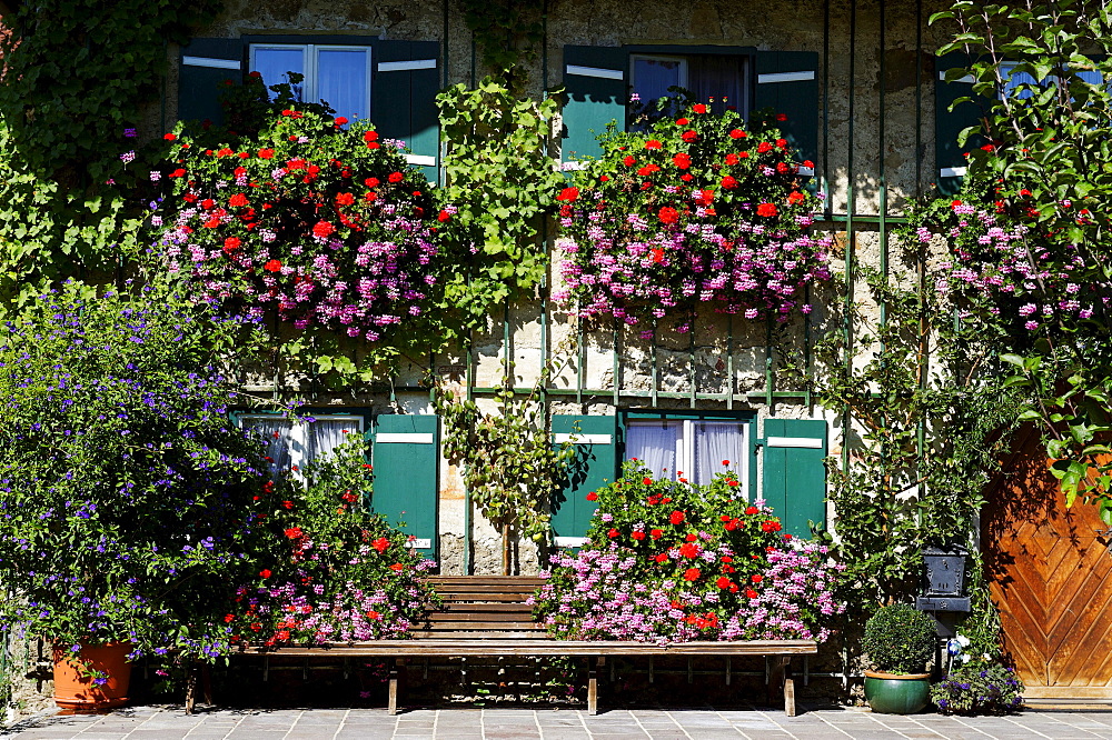 Old farmhouse decorated with flowers, Seeleiten near Teisendorf, Rupertiwinkel region, Upper Bavaria, Bavaria, Germany, Europe