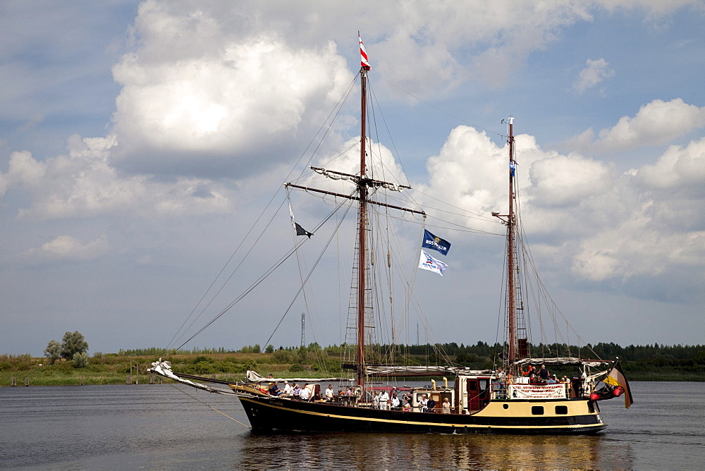 Sailing ship, two-master, Warnow river, Rostock, Mecklenburg-Western Pomerania, Germany, Europe