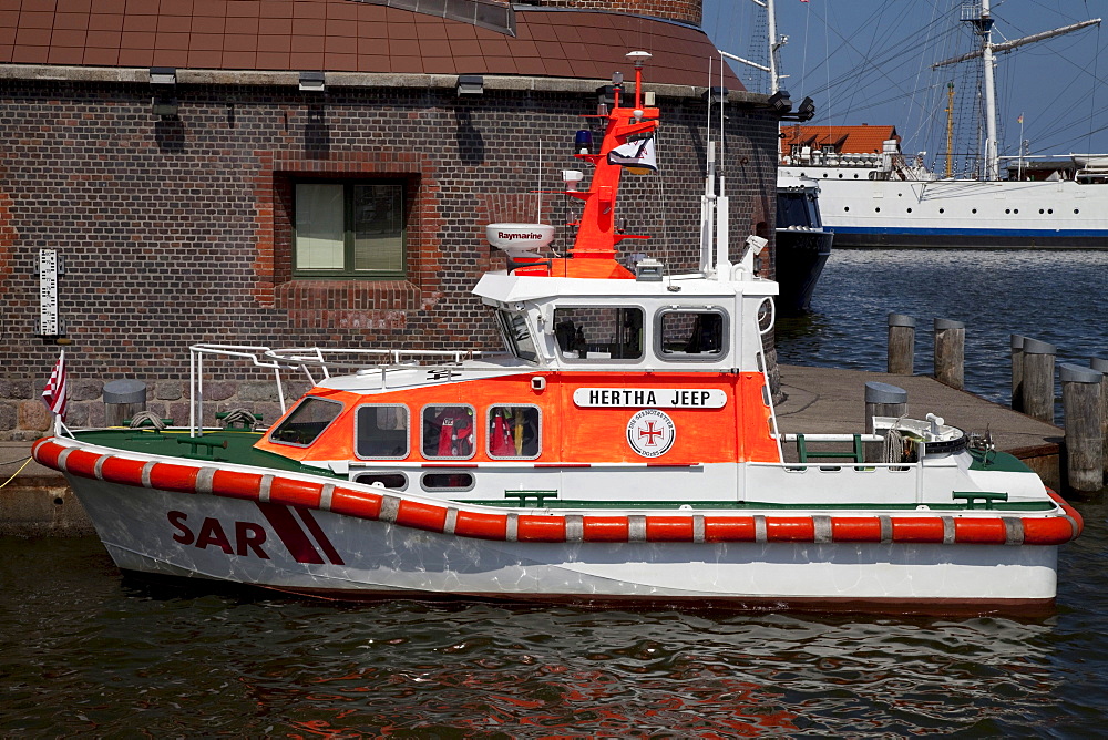 Hertha Jeep, rescue boat, lifeboat, port, Stralsund, Mecklenburg-Western Pomerania, Germany, Europe