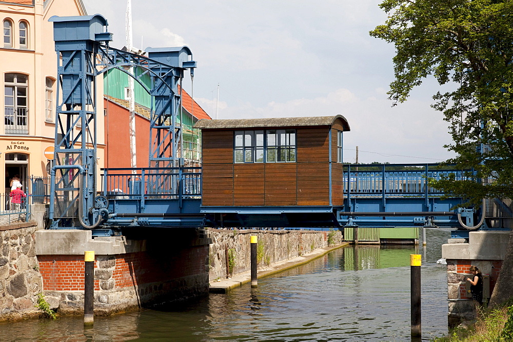 Vertical lift bridge, technical monument, Plau am See, Mecklenburg Lake District, Mecklenburg-Western Pomerania, Germany, Europe