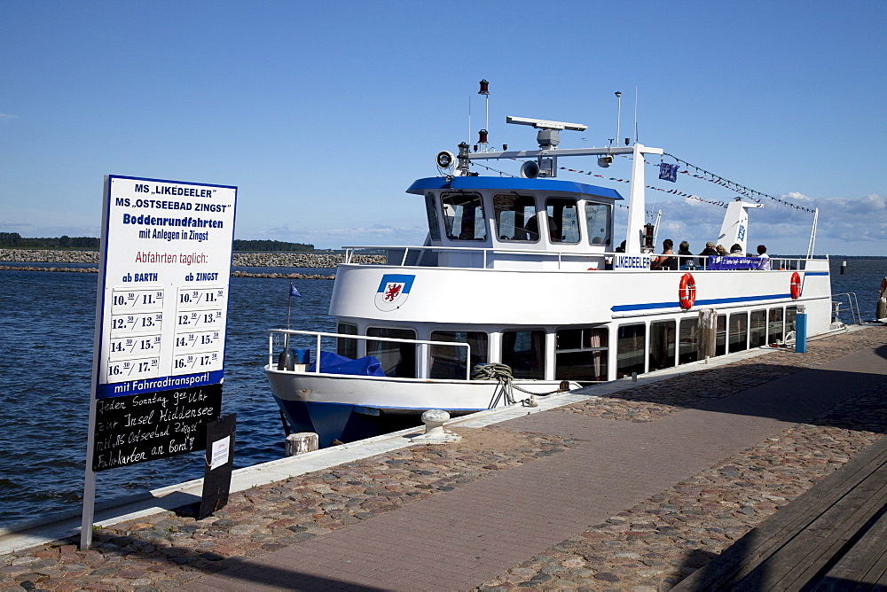 Pier with Likedeeler ferry, Bodden estuary tours, harbor, Barth, Mecklenburg-Western Pomerania, Germany, Europe