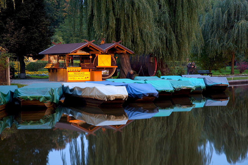 Small kahn boats at twilight, Luebbenau, Spreewald, Brandenburg, Germany, Europe