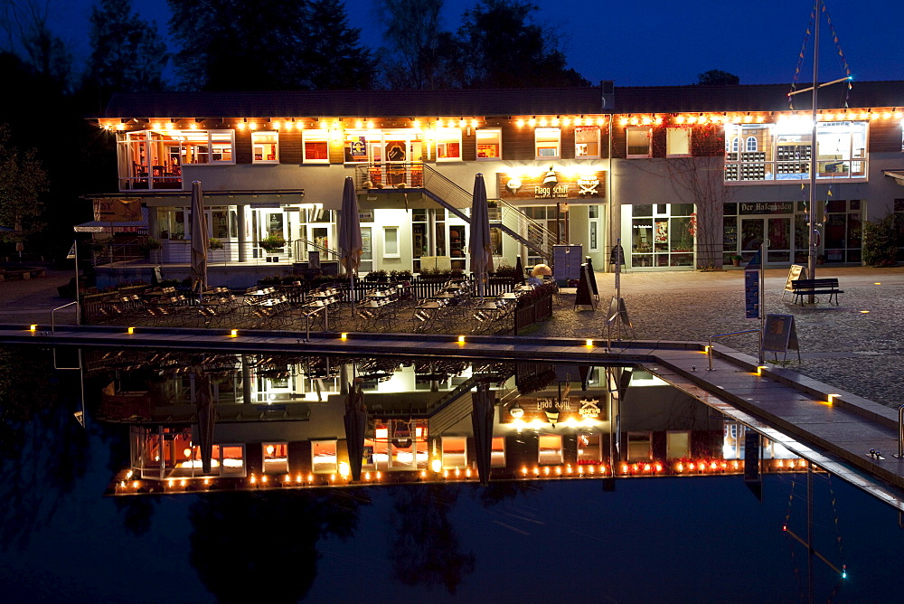 Restaurant and kahn boat port, Luebbenau, Spreewald, Brandenburg, Germany, Europe