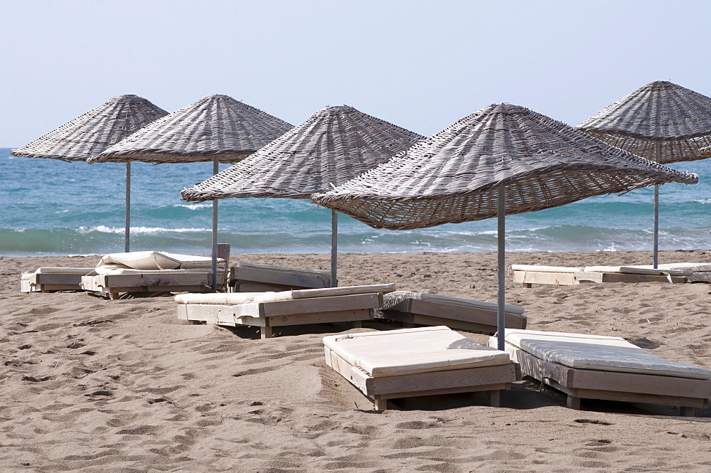 Sunbeds and sunshades on Iztuzu beach, Dalyan, Lycia, Turkey, Asia