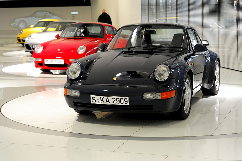 Porsche 911 models, Porsche 911 Turbo 3.0 Coupe in front, Porsche Museum, Stuttgart, Baden-Wuerttemberg, Germany, Europe