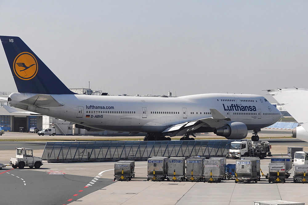 Boeing 747-400 Saarland just before takeoff, Frankfurt Airport, Frankfurt am Main, Hesse, Germany, Europe