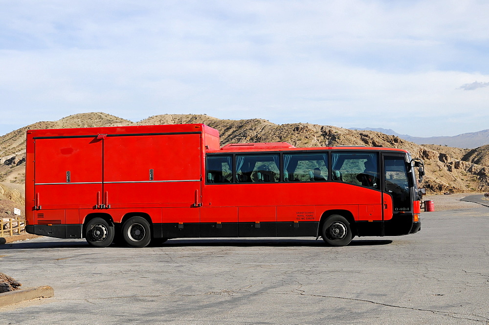 Rotel coach, a bus incorporating a mobile hotel, travelling near Zabriskie Point, Death Valley National Park, California, USA, North America