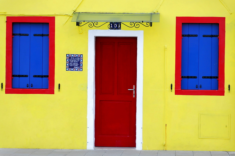 Colourful facade of a house with door and windows, Burano Island, Venice, Veneto, Italy, Europe