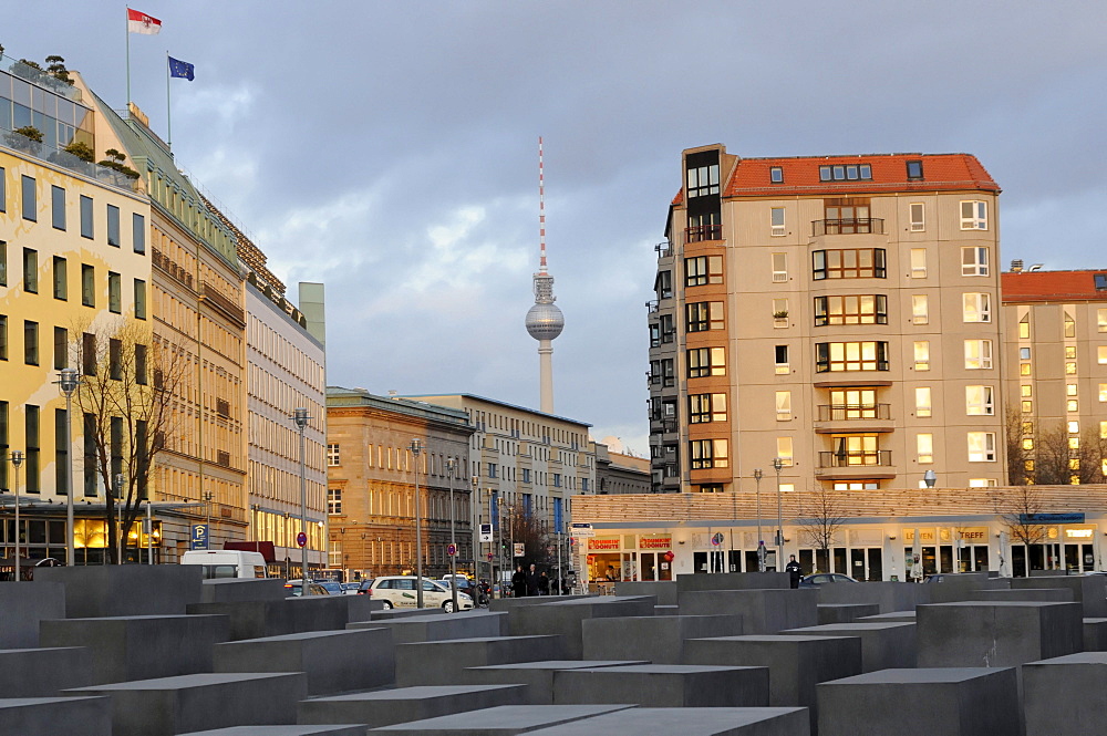 Memorial to the Murdered Jews of Europe, Holocaust memorial, Fernsehturm television tower at the back, Berlin, Germany, Europe