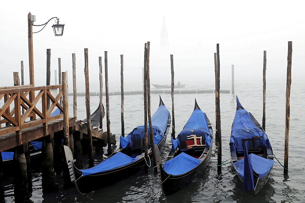 Gondolas in the fog at St. Mark's Square, Venice, Veneto, Italy, Europe