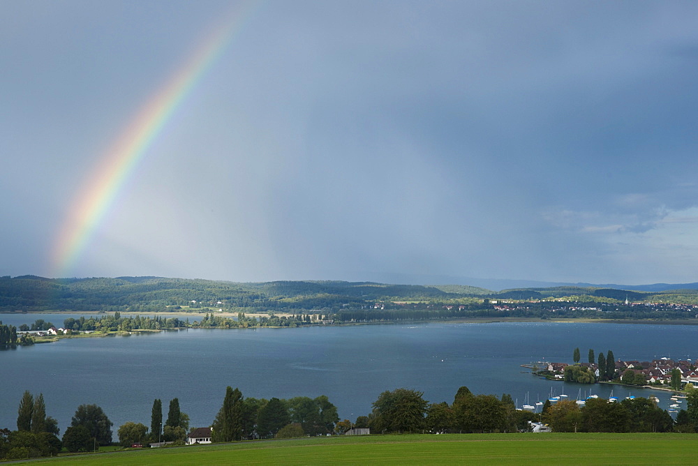 Rainbow over Reichenau island and Ermatingen on Lake Constance, Salenstein, Canton Thurgau, Switzerland, Europe