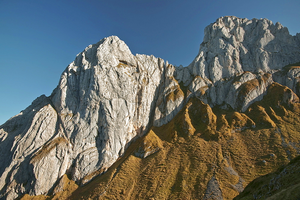 Peaks of the Kreuzberge Mountains in the Alpstein Massif in the evening light, Canton Appenzell, Switzerland, Europe