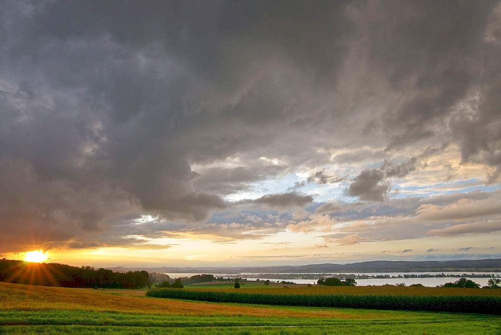 Large storm clouds moving across Lake Constance, Ermatingen, Switzerland, Europe