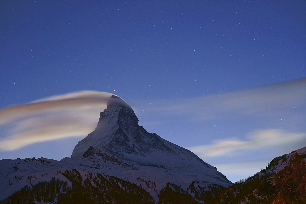 Starry sky above Matterhorn mountain, canton of Valais, Switzerland, Europe